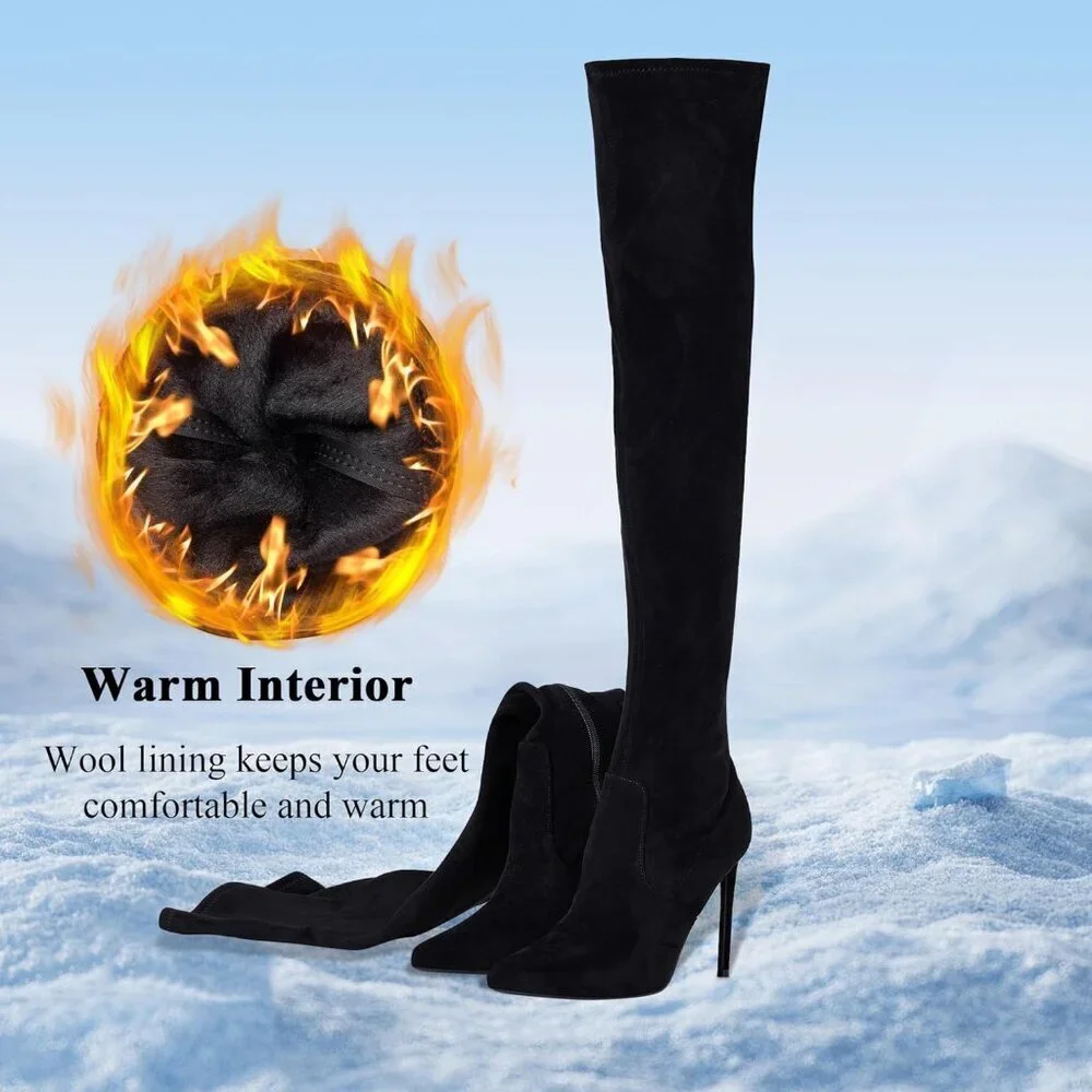 Women Black Suede Wools Lining Pointed Toe 4.3 inch Stilettos Thigh High Boots